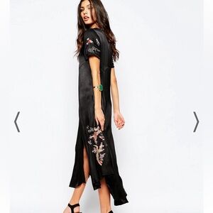 Somedays Lovin Black Satin Button Front Midi Dress Dragon Bird Embroidered Asian